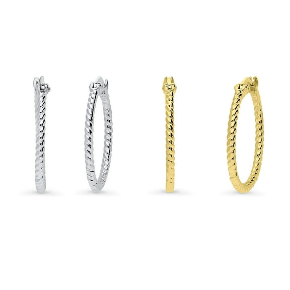 BERRICLE Sterling Silver Cable Fashion Hoop Earrings for Women, Rhodium Plated and Yellow Gold Flashed, 2 Pairs