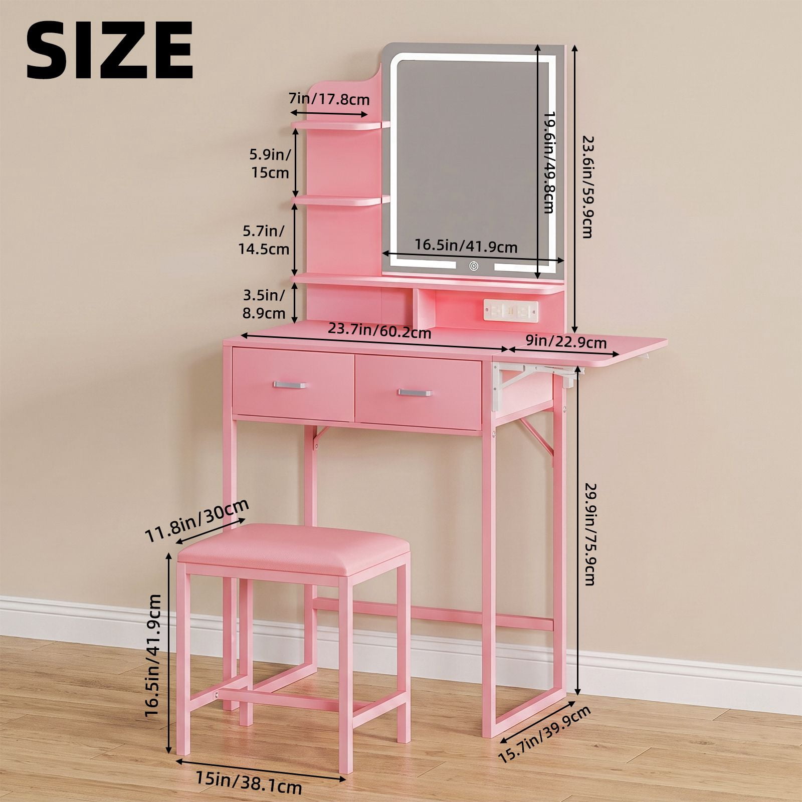 Vanity Desk with Lighted Mirror and Fold-Up Panel, Makeup Table with Fabric Storage Drawers, 3-Tier Shelves, Power Outlet and USB Ports, Cushioned Stool