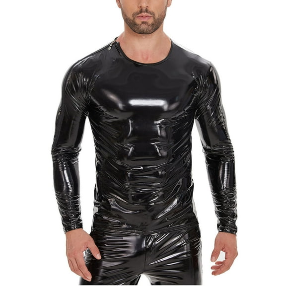 Men Shiny Leather T-shirt, Long Sleeve, Glossy PVC Leather, Crewneck Leather Casual Tops