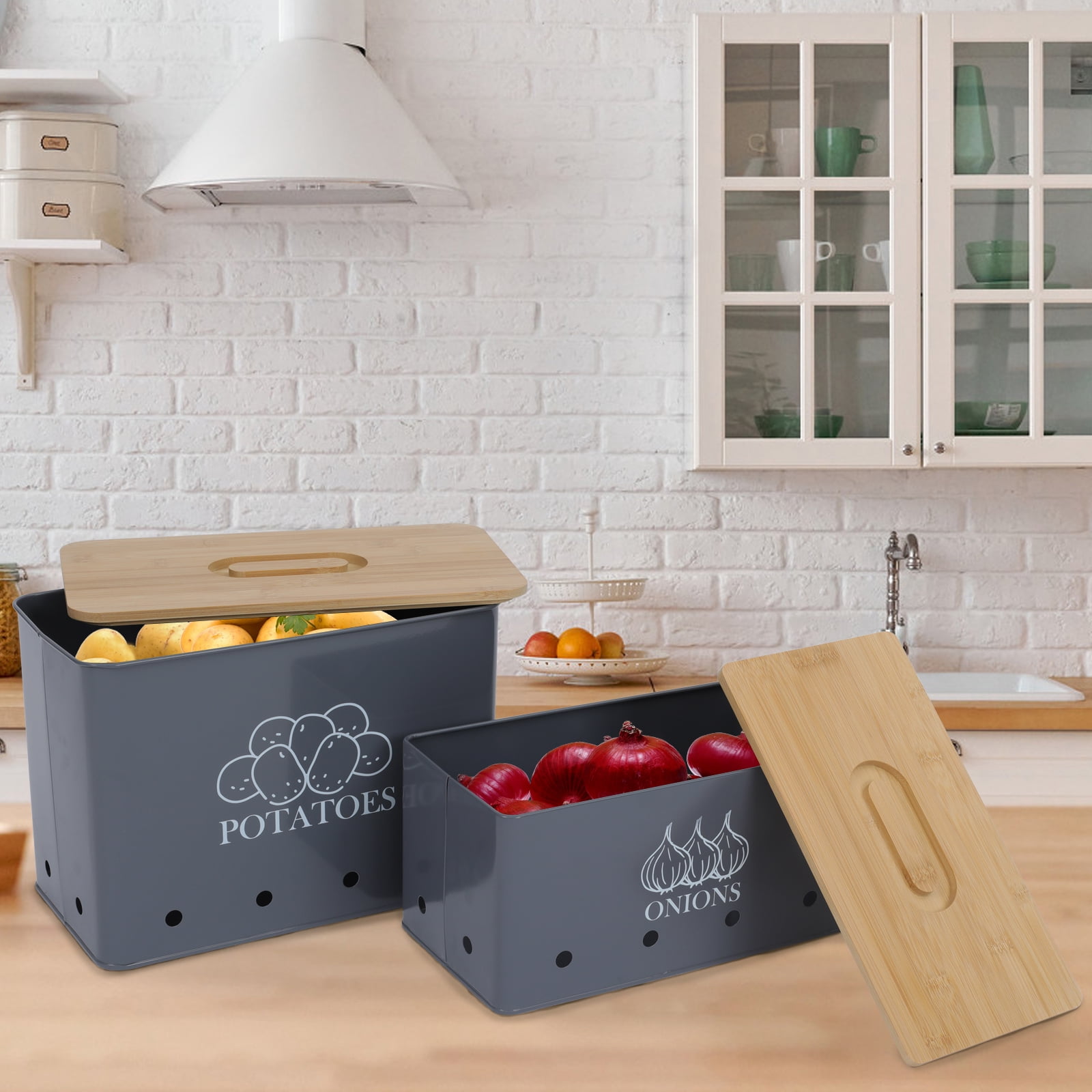 Pethiy Potato and Onion Storage Canisters - 2-Pack Kitchen Storage Bin Set, Durable Potato Storage Box with Aerating Holes for Freshness and Long Shelf Life,Gray