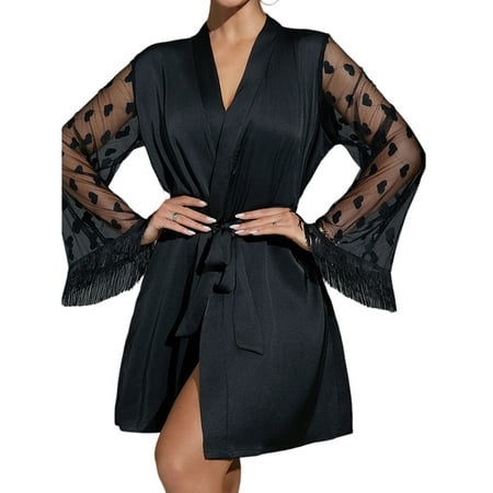 KVMeteor Womens Lace Sleeve Robe Kimono Sleepwear Sexy Bathrobe Lingerie
