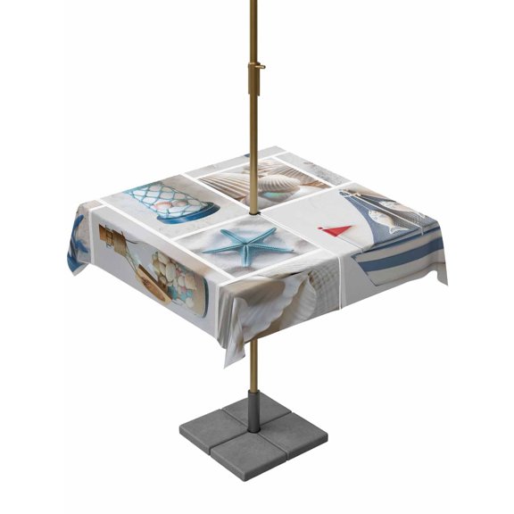 Outdoor Table Cloth with Umbrella Hole and Zipper, Blue Oceans Beach Waterproof Square Tablecloth 54"x54", Nautical Coastal Starfish Seashell Washable Table Cover for Outside Party Patio Picnic