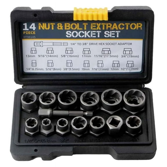 14Pcs Impact Bolt & Nut Remover Set, Stripped Lug with Hex Adapter Extraction Socket Set