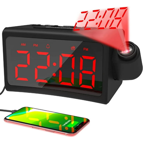 FrostHike Projection Alarm Clock, Digital Radio Clock with 180° Rotatable Projector, 3-Level Brightness Dimmer, Clear LED Display, Dual USB Charger, Adjustable Volume, 9mins Snooze,12/24H