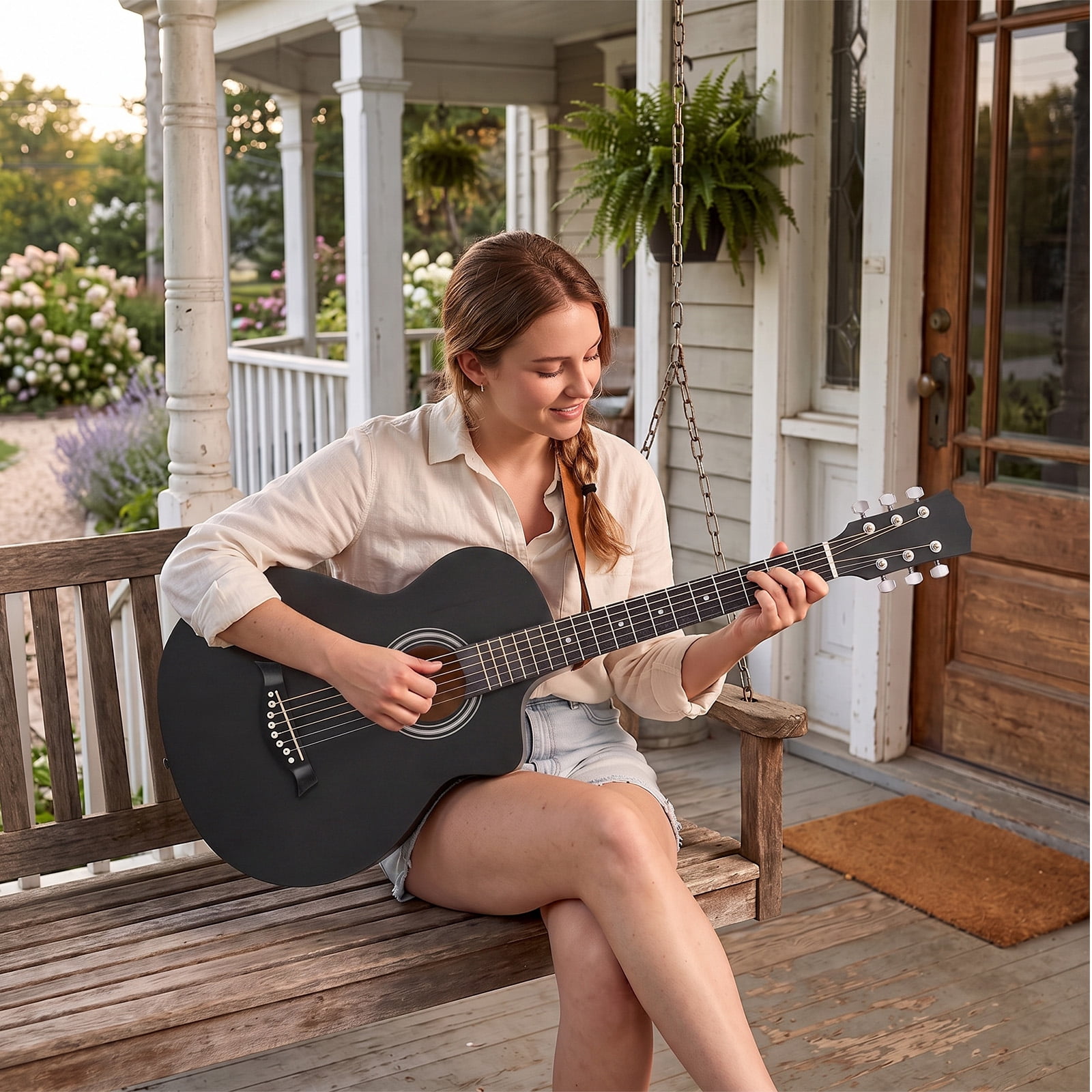 38-Inch Acoustic Guitar, JF Folk Body, Basswood, 6 Steel Strings, Beginner Starter Kit with Gig Bag, Strap, Picks, Capo and Tuner