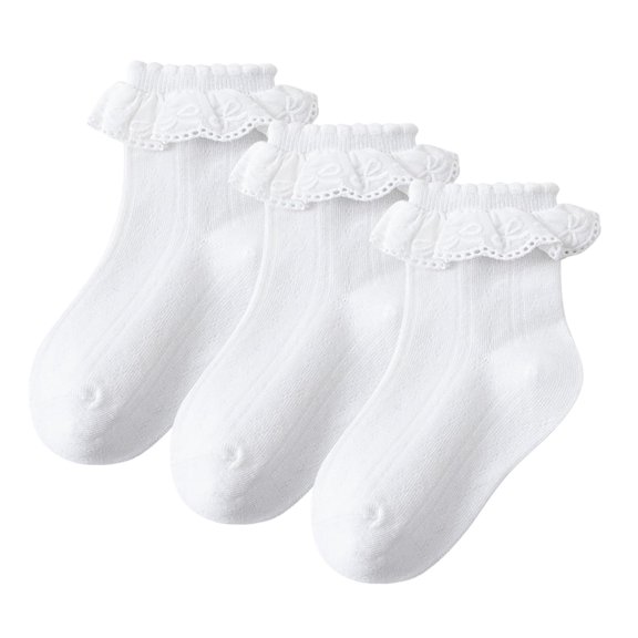 OQRKI 3 Pairs Girls Ruffle Socks White Fancy Ruffled Lace Dress Socks for Girls Toddler Daily Wear 3 Pairs White Ruffle Socks