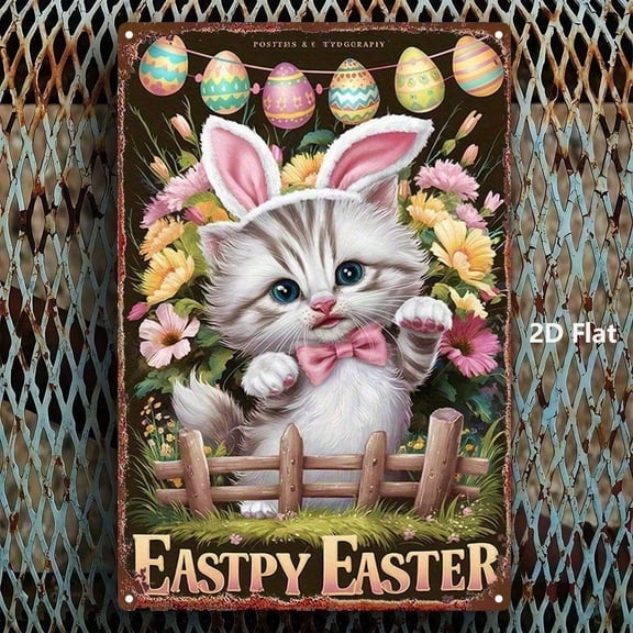 HELLOYOUNG 8x12 Inch Metal Tabby Cat Wall Plaque, Easter Bunny Kitten Pink Bow Spring Door Hanger, Iron Easter Egg Hunt Sign for Indoor Home Decor