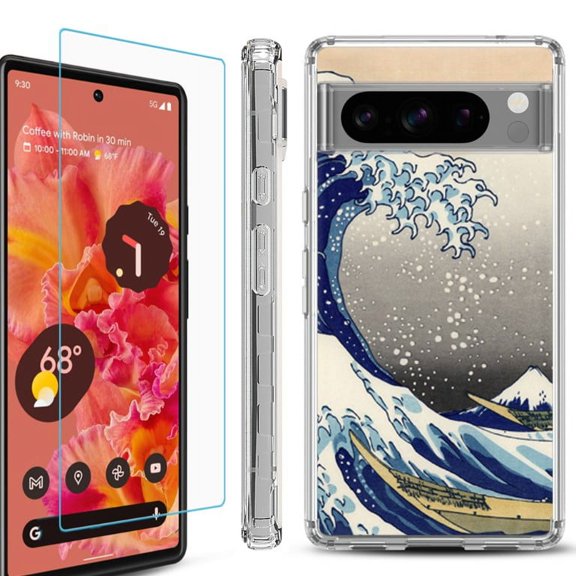 OneToughShield ® Compatible with Google Pixel 8 Pro, Shockproof Phone Case, with Tempered Glass Screen Protector - Great Wave