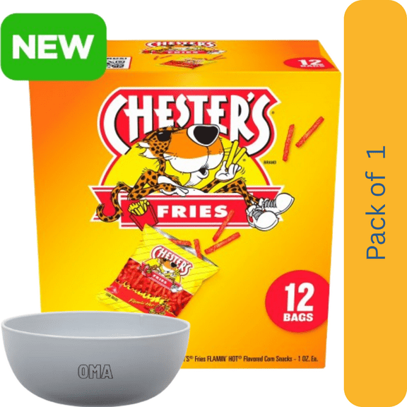 Chester’s Fries Flamin’ Hot Corn Snacks, 12 Count (1 oz Each) – with Bowl by OMA