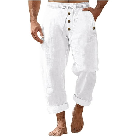 CHEEREAM Mens Linen Cropped Pants Yoga Beach Loose Fit Casual Summer Elastic Waist Drawstring Baggy Trousers with Pockets White S