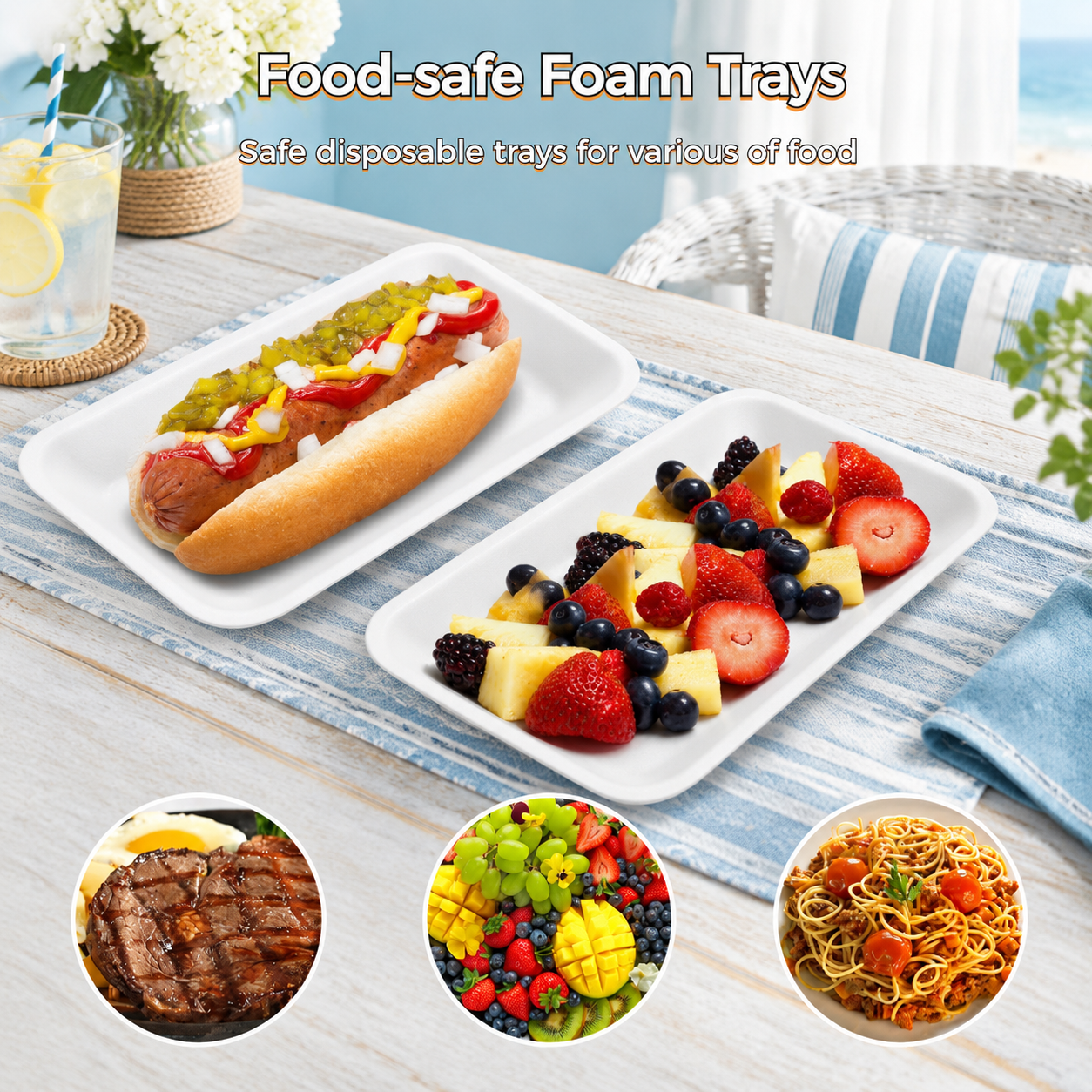 150 Count Disposable Foam Serving Trays, White, Rectangle, For Food and ...