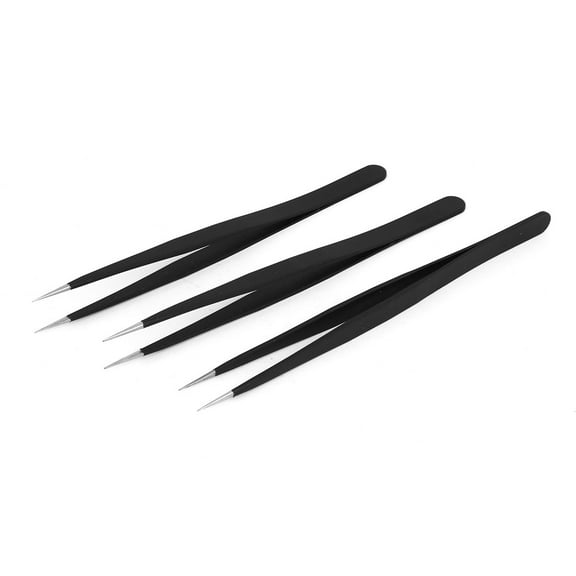 ESD-11 Non-corrosive Metal Anti Static Pointed Tip Tweezer Black 3pcs