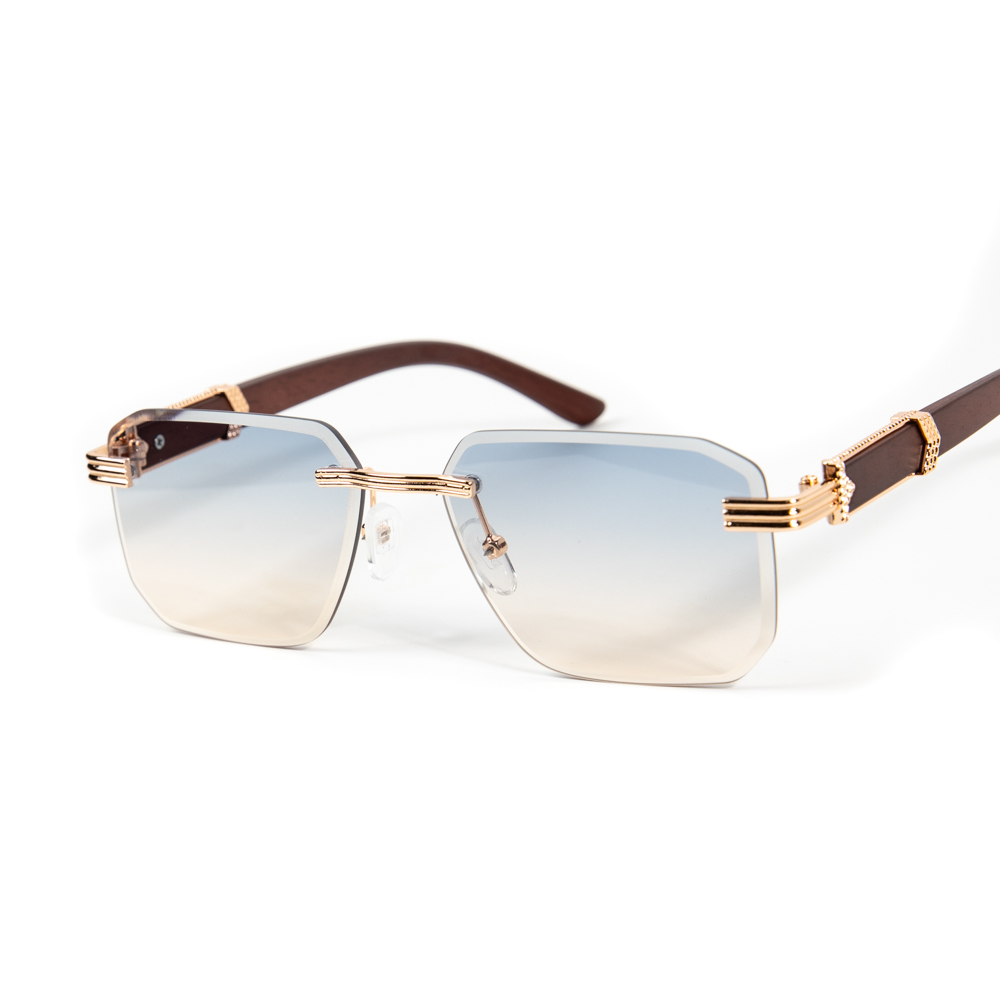 Men's Gold Frame Rimless Gray Tan Gradient Tint Hip Hop Woodgrain Sunglasses