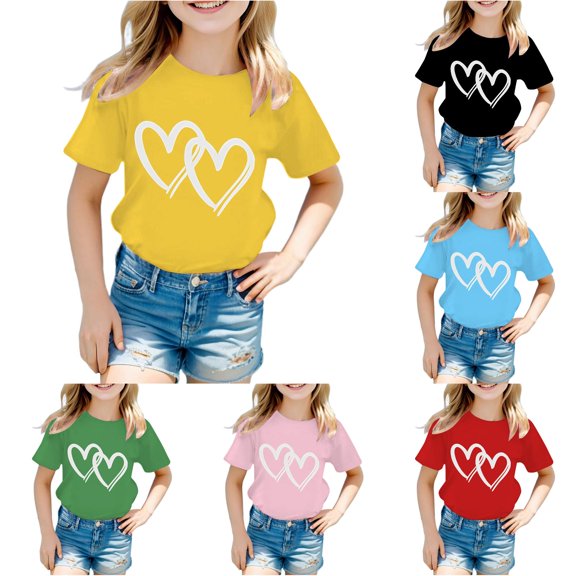 HCYSFG Girls Double Heart T Shirts Interlocking Outline Graphic Crewneck Short Sleeve Casual Graphic Tees Everyday Summer Tops