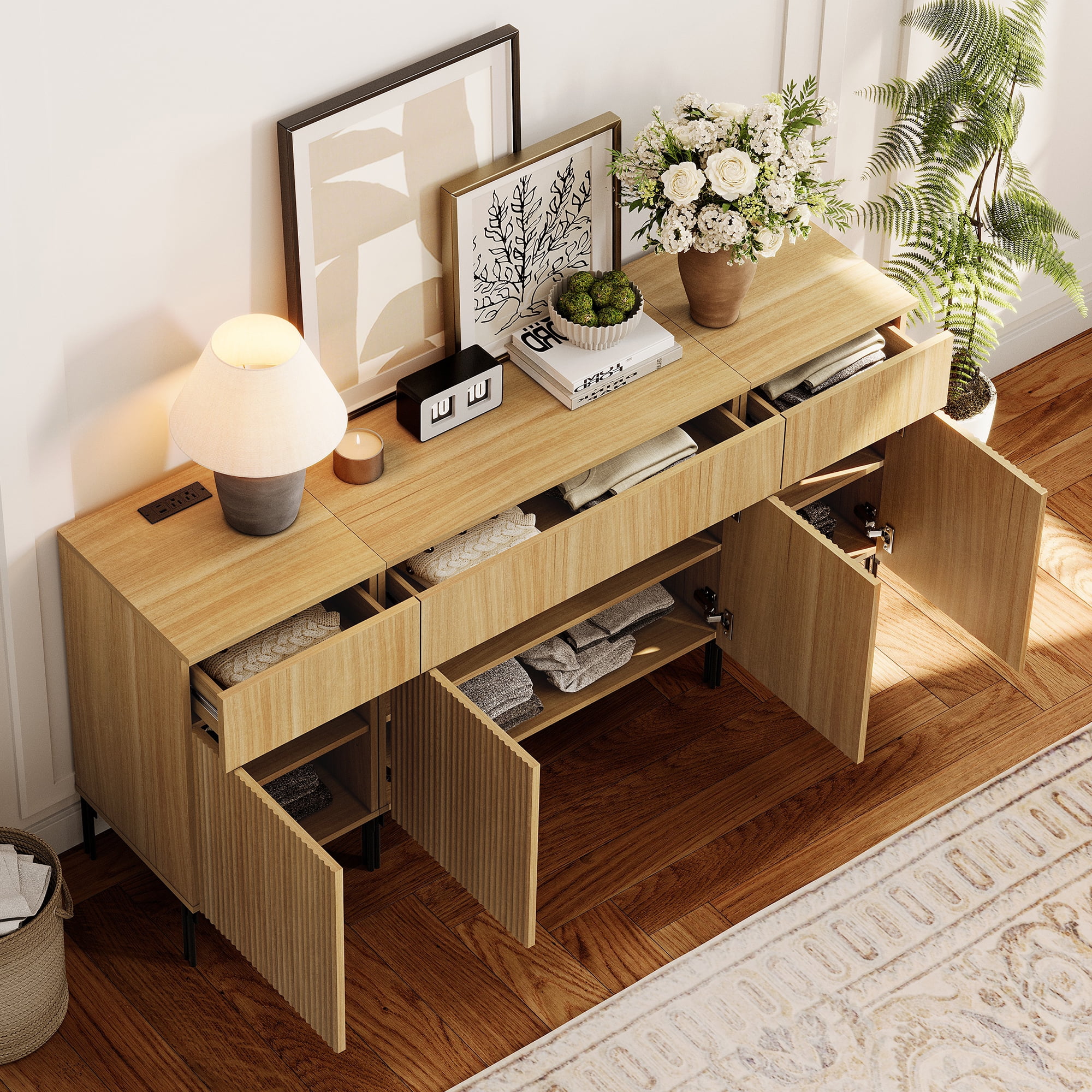 63" Modern Wood 3-Drawer Dresser with Reeded Design, Minimalist Dresser Organizer Storage With Charging Station for Bedroom,Living room, Entryway