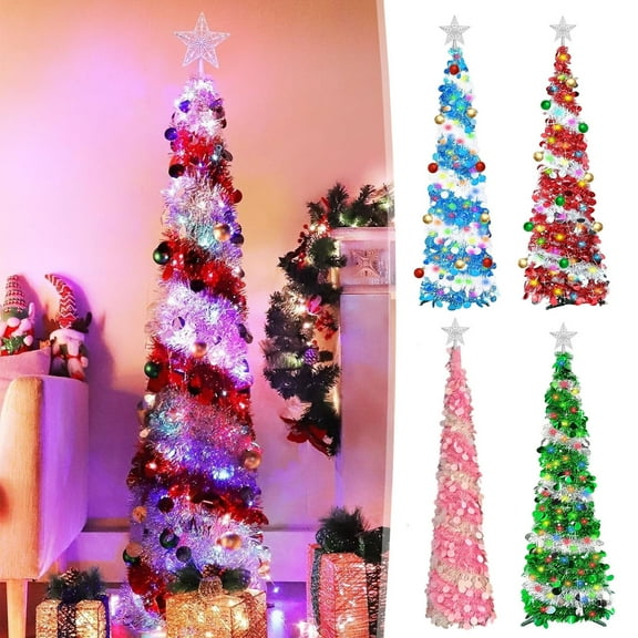 Christmas Tree with Lights Tinsel Christmas Tree Decoration Artificial Christmas Tree 4.92FT Foldable Pencil Tinsel Christmas Tree With Ball & Light for Xmas Home Office Party Decor