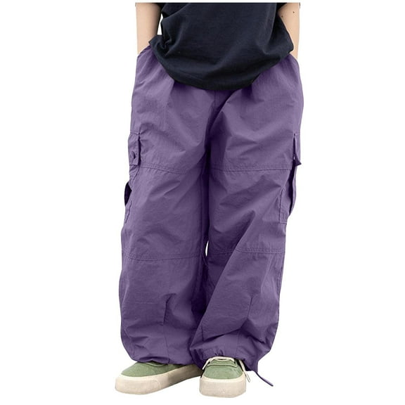 CYRBOKO Girls Cargo Pants, Athletic Loose Elastic Waist Casual Long Pants Purple Size 7-8 T