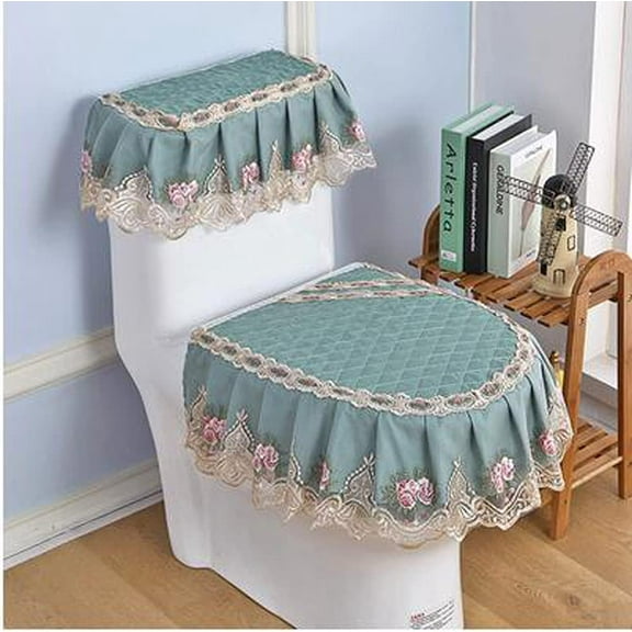 Home Decor Pleuche Lace Toilet Accessories Tank Cover Lid Cover Toilet Seat Cover, Set of 3