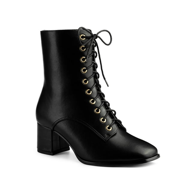 BLISSFUL STEP Bottes pour Femmes à Lacets à Talons Blocs Bottines de Combat Noires 9