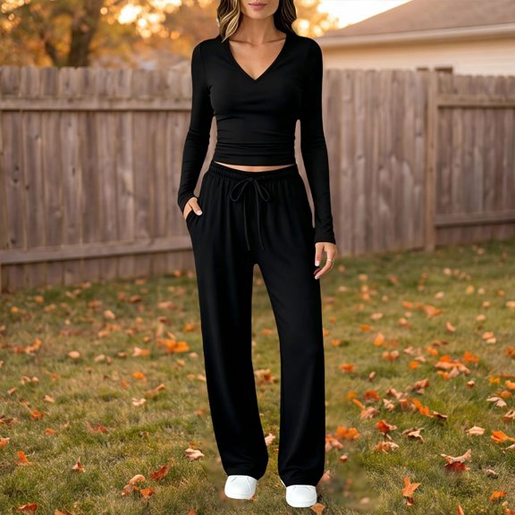 2-Piece V-Neck Long Sleeve Sleepwear Pajama Set for Women Wide Leg Pants Soft Casual Travel Wear Pajamas