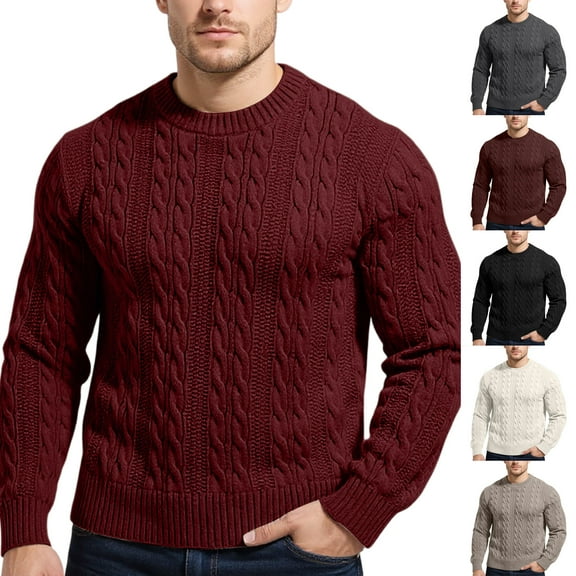 Men's Cable Knit Sweater Round Neck Thickened Pullover Textured Warm for Winter Casual Wear and Christmas Holiday Gatherings,Black,2XL