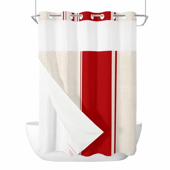 No Hook Shower Curtains with Snap-in Liner Set, Red Vintage Waterproof Hotel Style Bathroom Shower Curtain, Geometric Stripes Simple Lines Breathable Mesh Top Window Bath Curtains 60''x72''