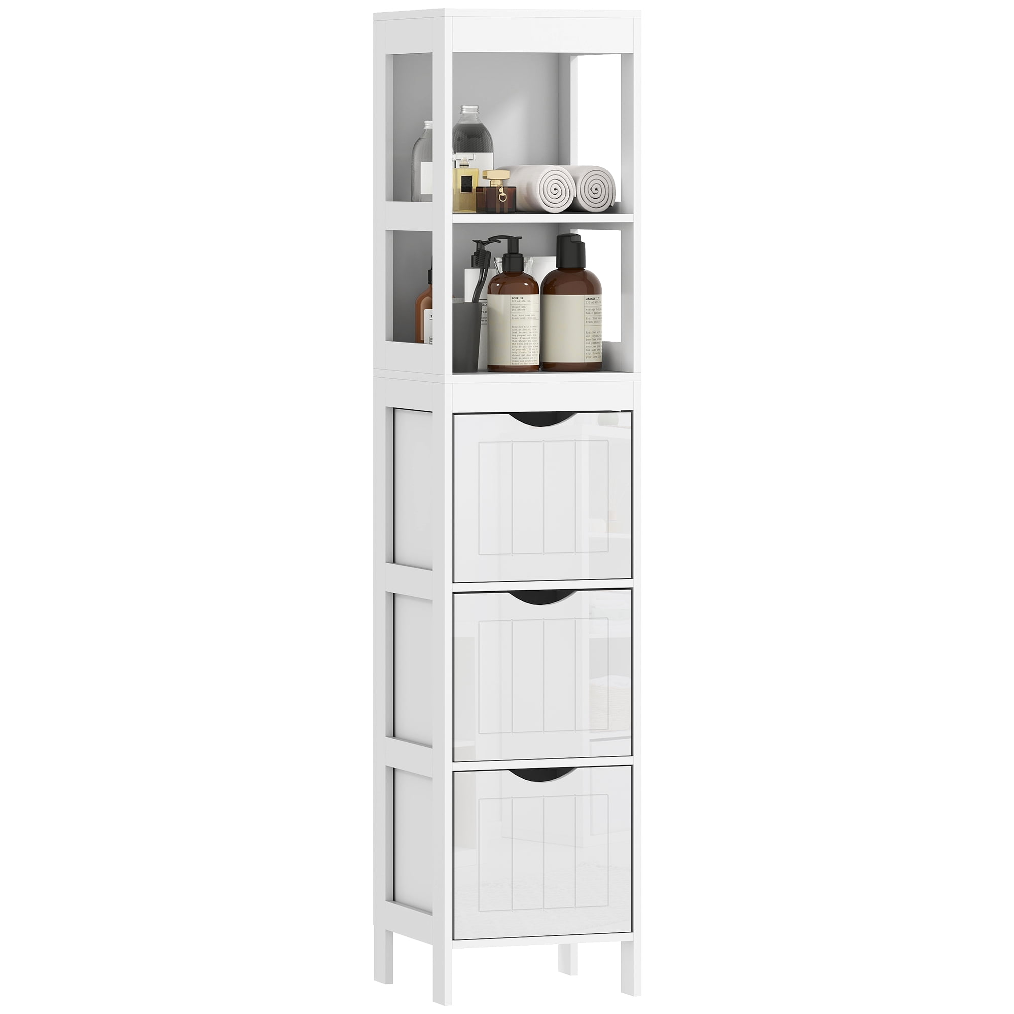 HOMCOM Narrow Bathroom Storage Cabinet, Bathroom Cabinet with 3 Drawers & 2 Open Shelves, Freestanding Slim Bathroom Floor Cabinet, White