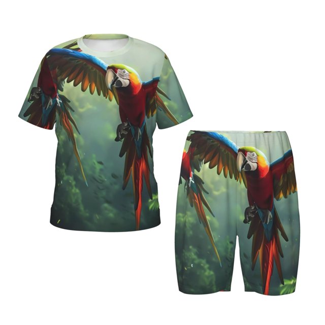 Fotbe Flying Parrots In Jungle Pijama Estampada de 2 Piezas para Niños – Ropa de Dormir de Manga Corta Cómoda para Niños y Niñas, Camiseta y Shorts de Algodón-Medium
