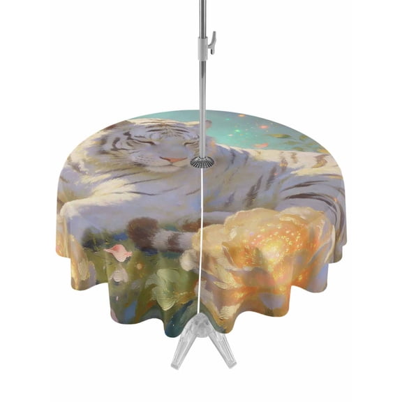 Outdoor Tablecloth with Umbrella Hole for Patio/Picnic/Party/Camping, Aesthetic White Tiger Waterproof Table Cloth Round Cover Washable, Abstract Art Floral Ombre (Dia 54")