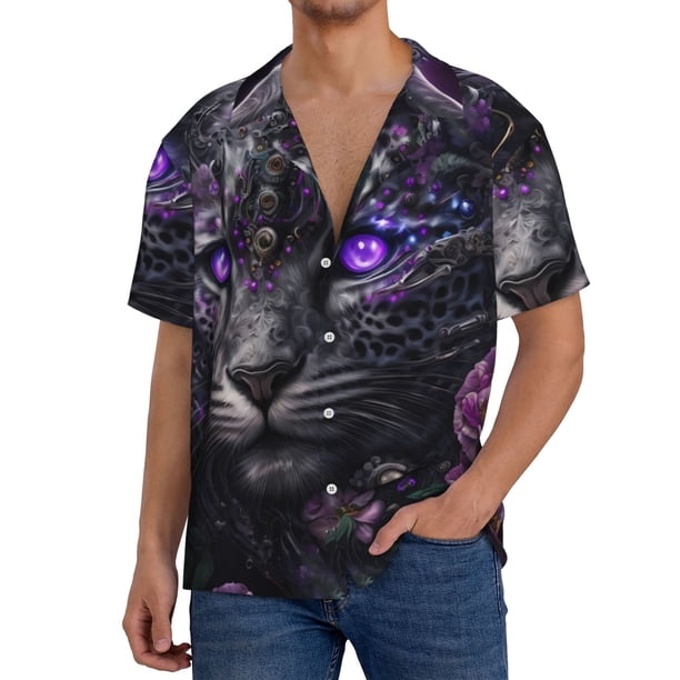 Fotbe Purple-Eyed Floral Leopard Camisa Estampada de Manga Corta para Hombre, Casual de Verano, Estilo Playero, Sin Arrugas-Medium