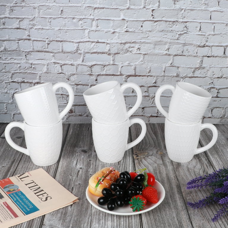 6 Pack White Ceramic Coffee Mugs, Embossed Cups for Coffee