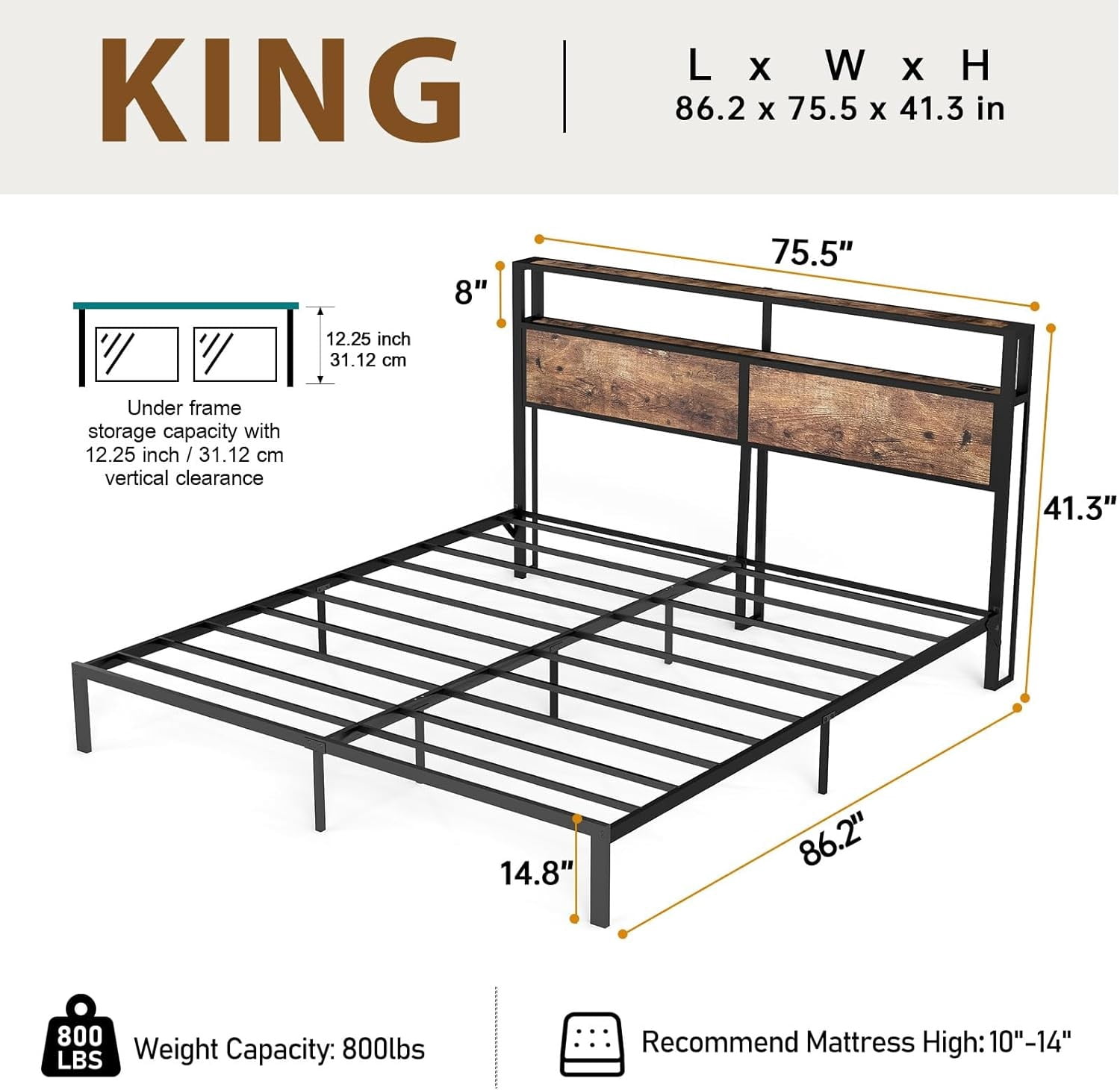 DRNANLIT King Size  Bed Metal Platform Bed Frame with LED Lights ，2 Tiers Storage Headboard,Charging Station,Noise Free, Easy Assembly,Vintage Brown