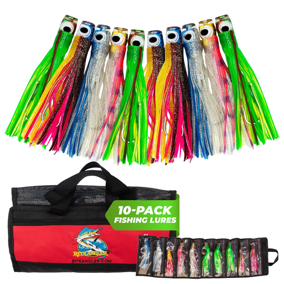 Rite Angler 8″ Chugger Head Trolling Lures Set of 10 Teasers in Carrying Case for Saltwater Offshore Big Game Fishing