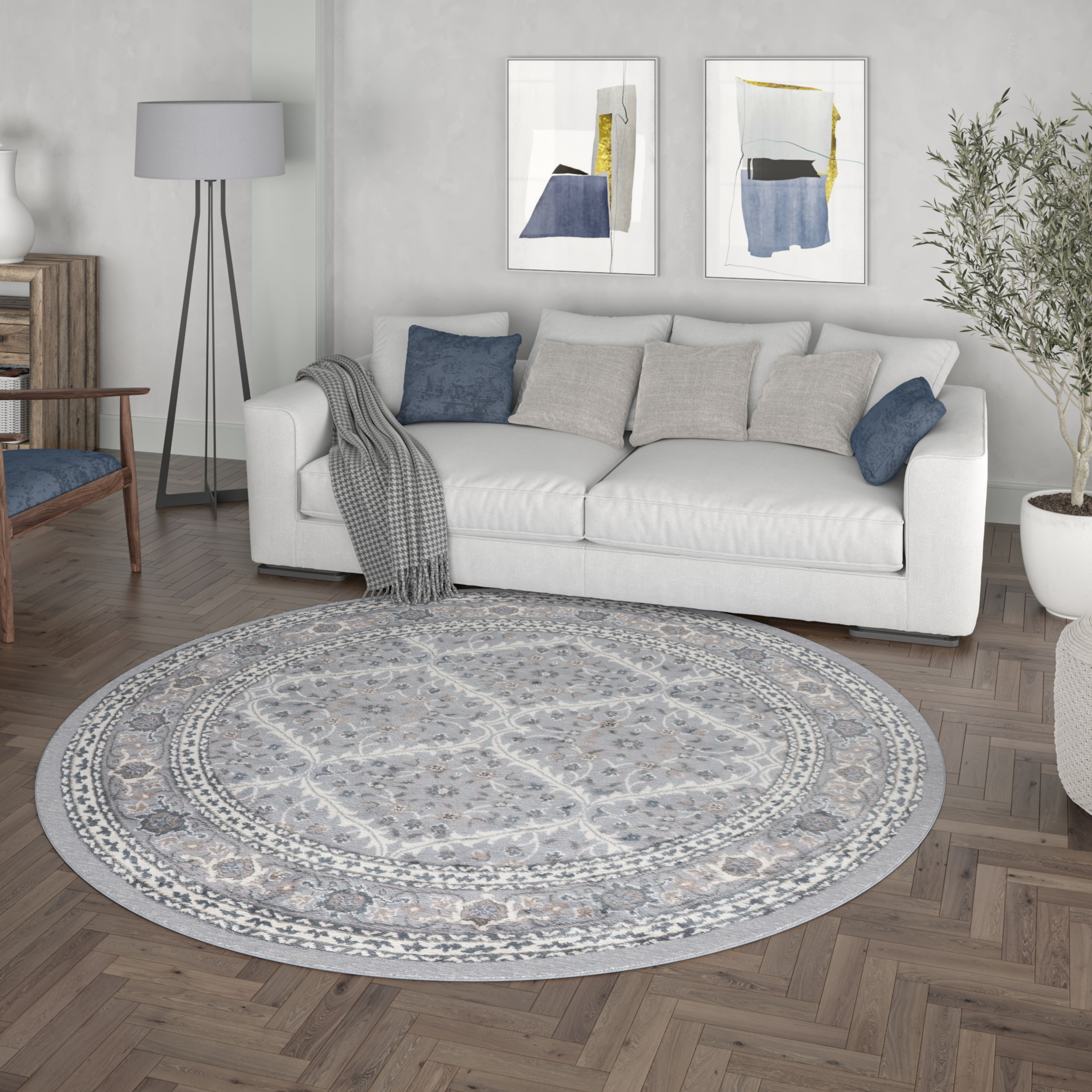 Madison Traditional 8' Round Gray and Cream Polypropylene Indoor Area Rug