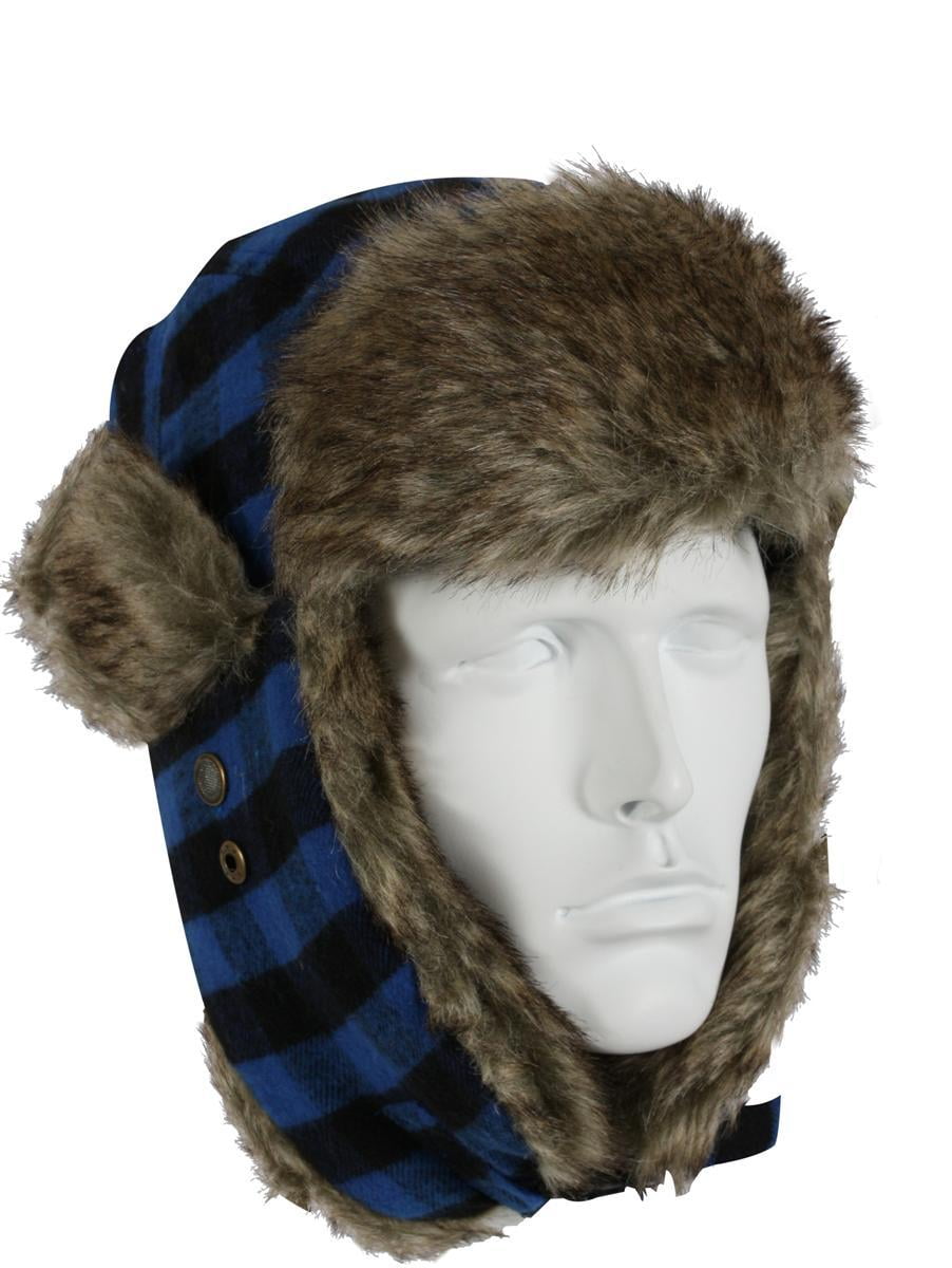 Vintage Flyers Winter Hat, Blue Plaid w GreyFur by Rothco