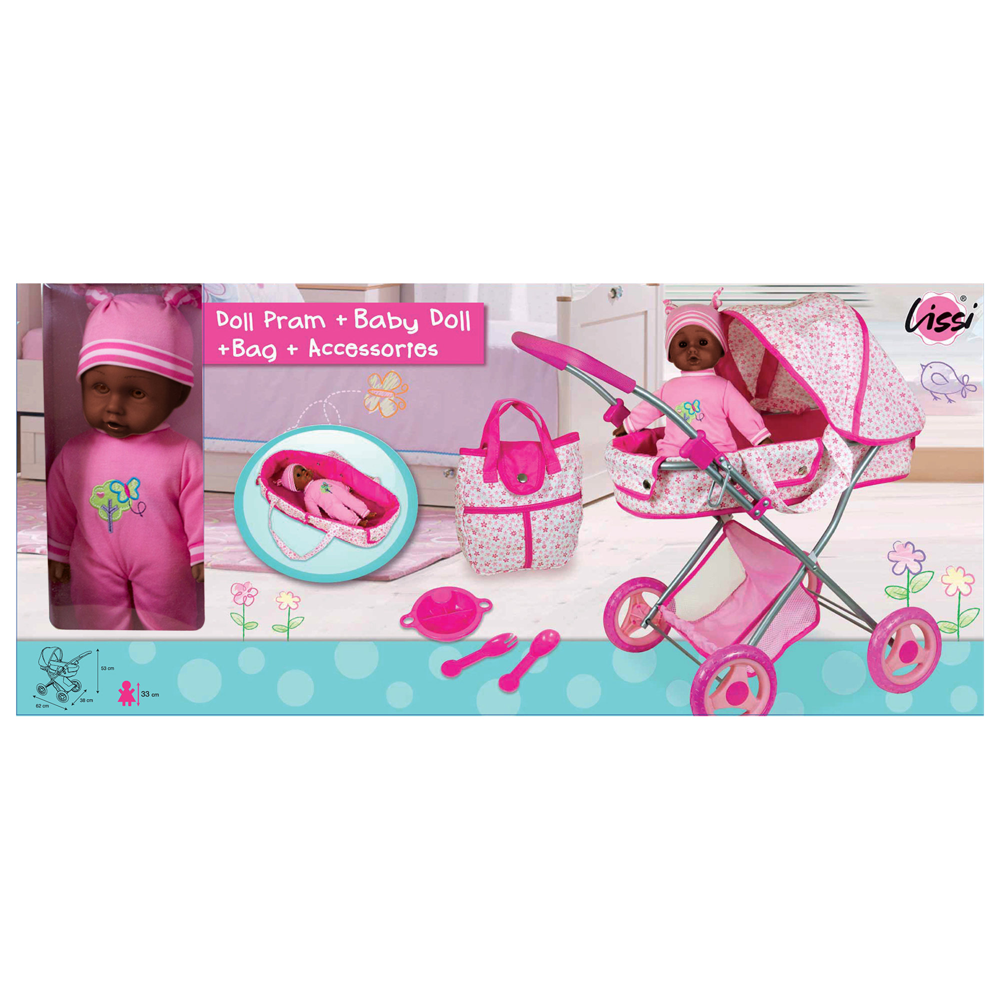 Lissi: Deluxe Pram & 13" African American Baby Doll - Pink - Floral Design Push Stroller, Removable Cot & Storage Basket, Feeding Accessories, Kids 3+