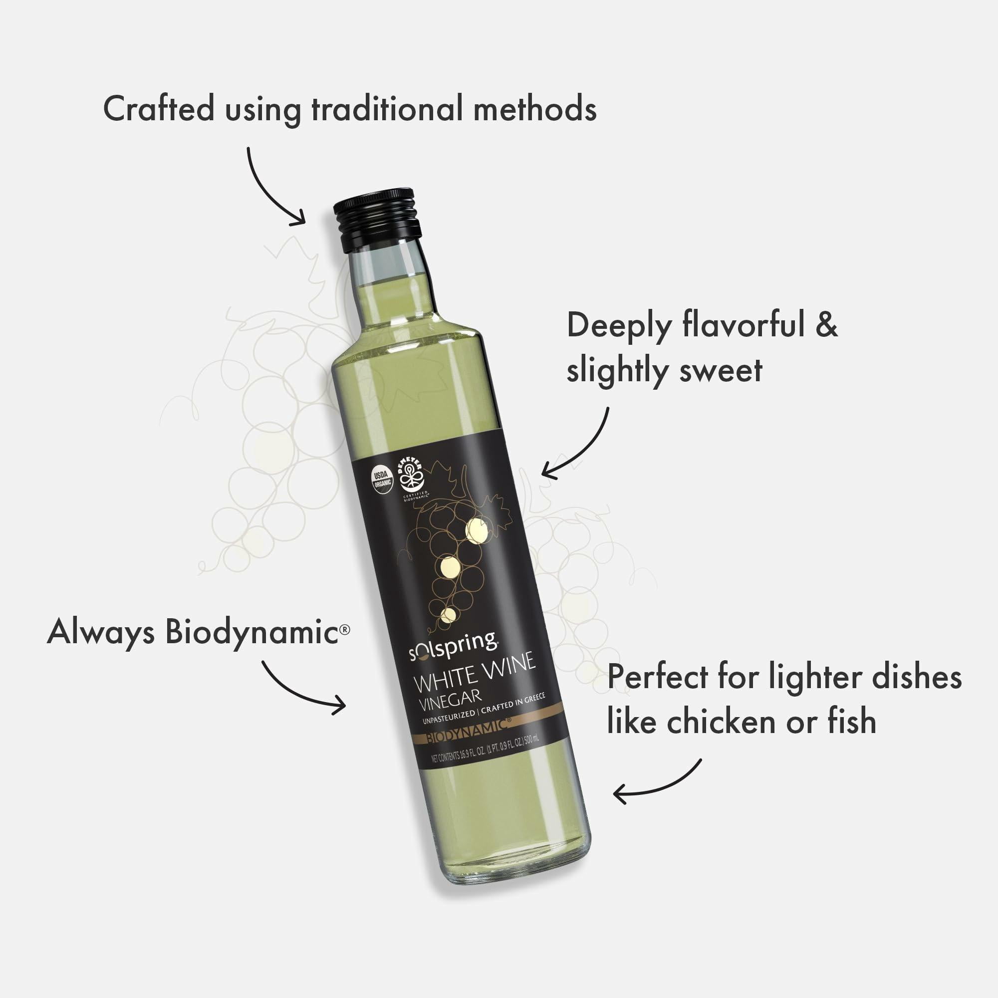 Dr. Mercola Solspring White Wine Vinegar - Biodynamic Organic Vinegar - Crafted from Roditis & Savatiano Grapes - Unfiltered & Glass Bottled - Certified USDA Organic - 16.9 Fl. Oz. (33 Servings)