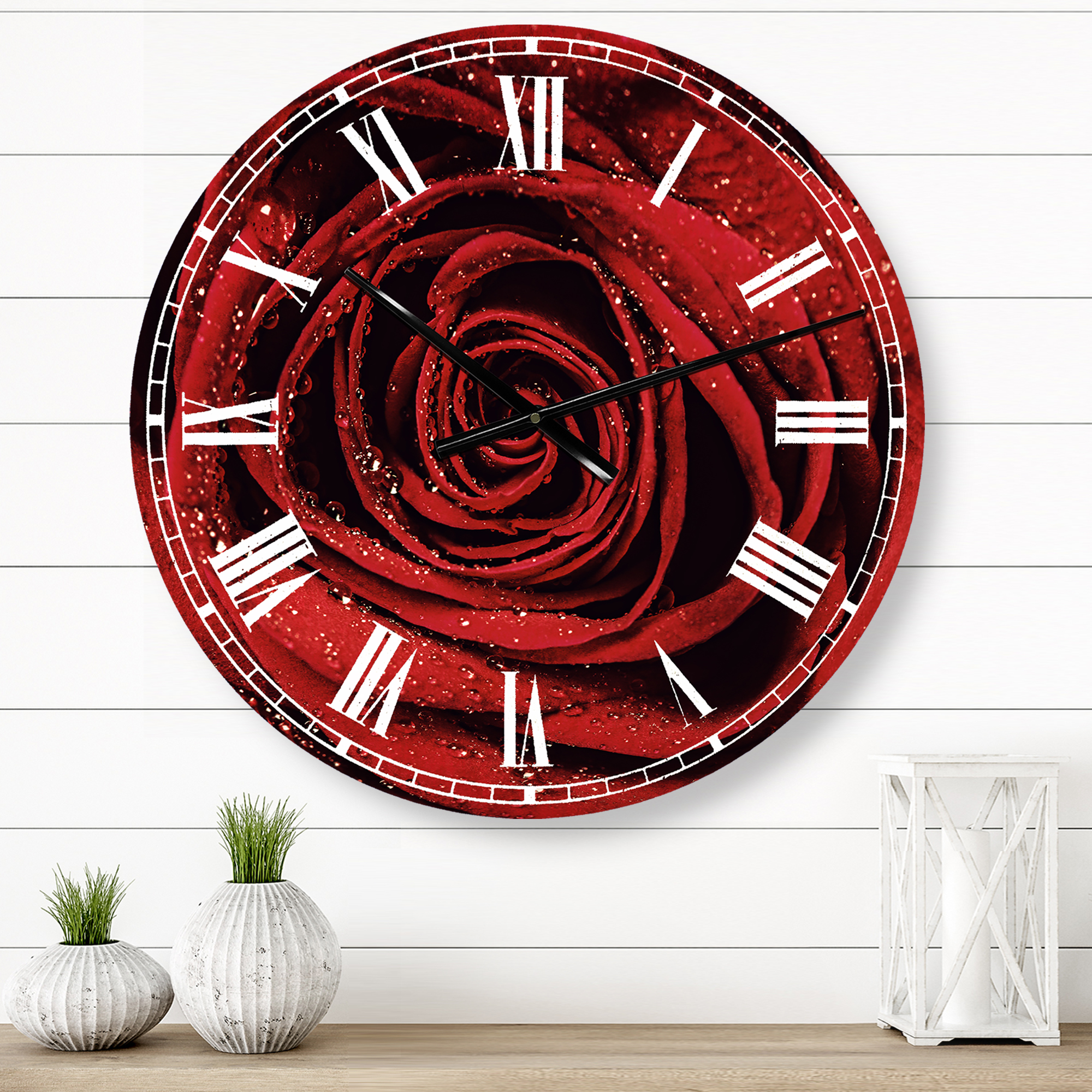 Designart 'Red Rose Petals with Rain Droplets' Metal Wall Clock