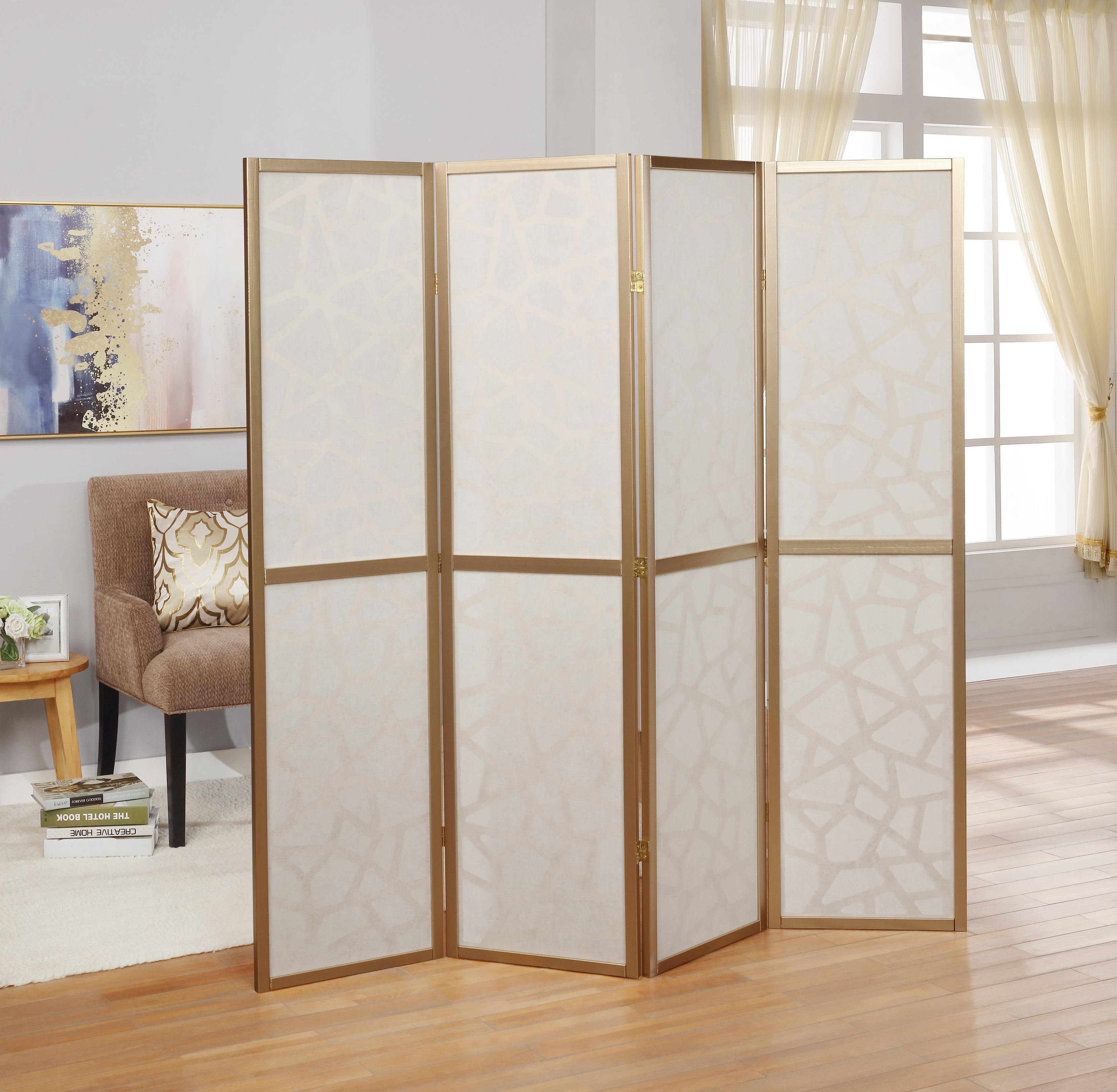 Roundhill Furniture Giyano 4 Panel Wood Frame Room Divider, 70.3" Tall, Gold