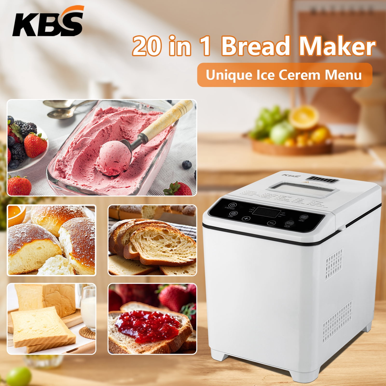 KBS  Bread Maker Machine with Ice cream program,20-in-1 2LB Fully automatic bread machine，DIY setting,15 Hour delay timer,White Model#070 Ice cream version
