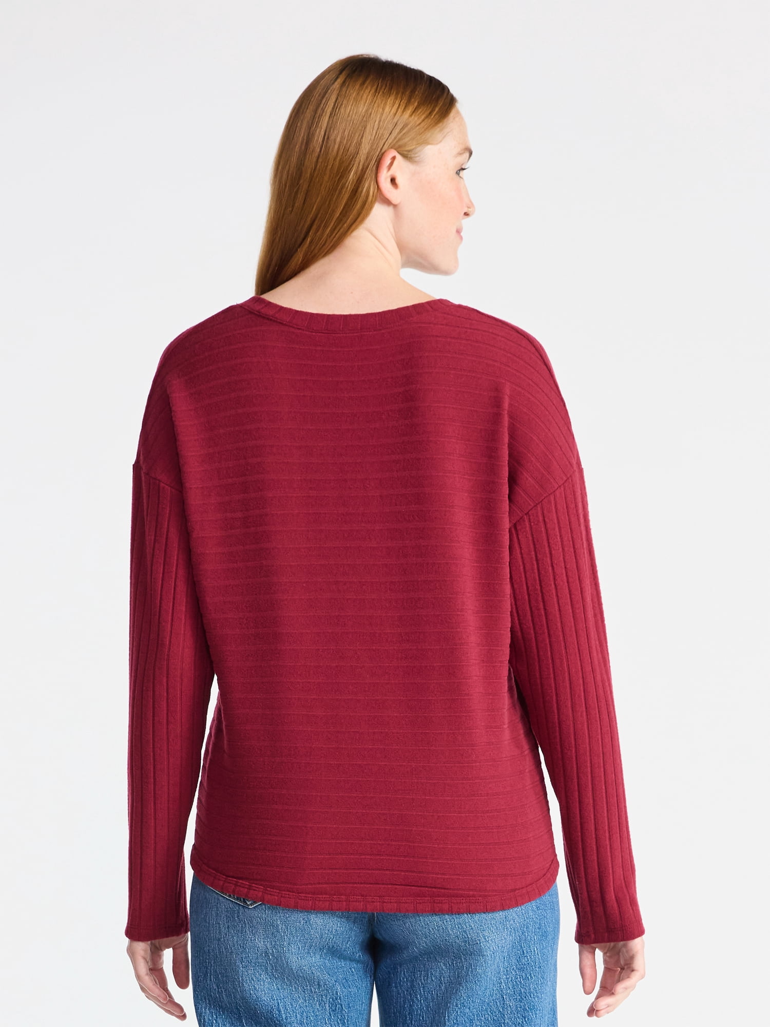 Time and Tru Women's Ribbed Hacci Knit V Neck Top with Long Sleeves, Sizes XS-XXXL