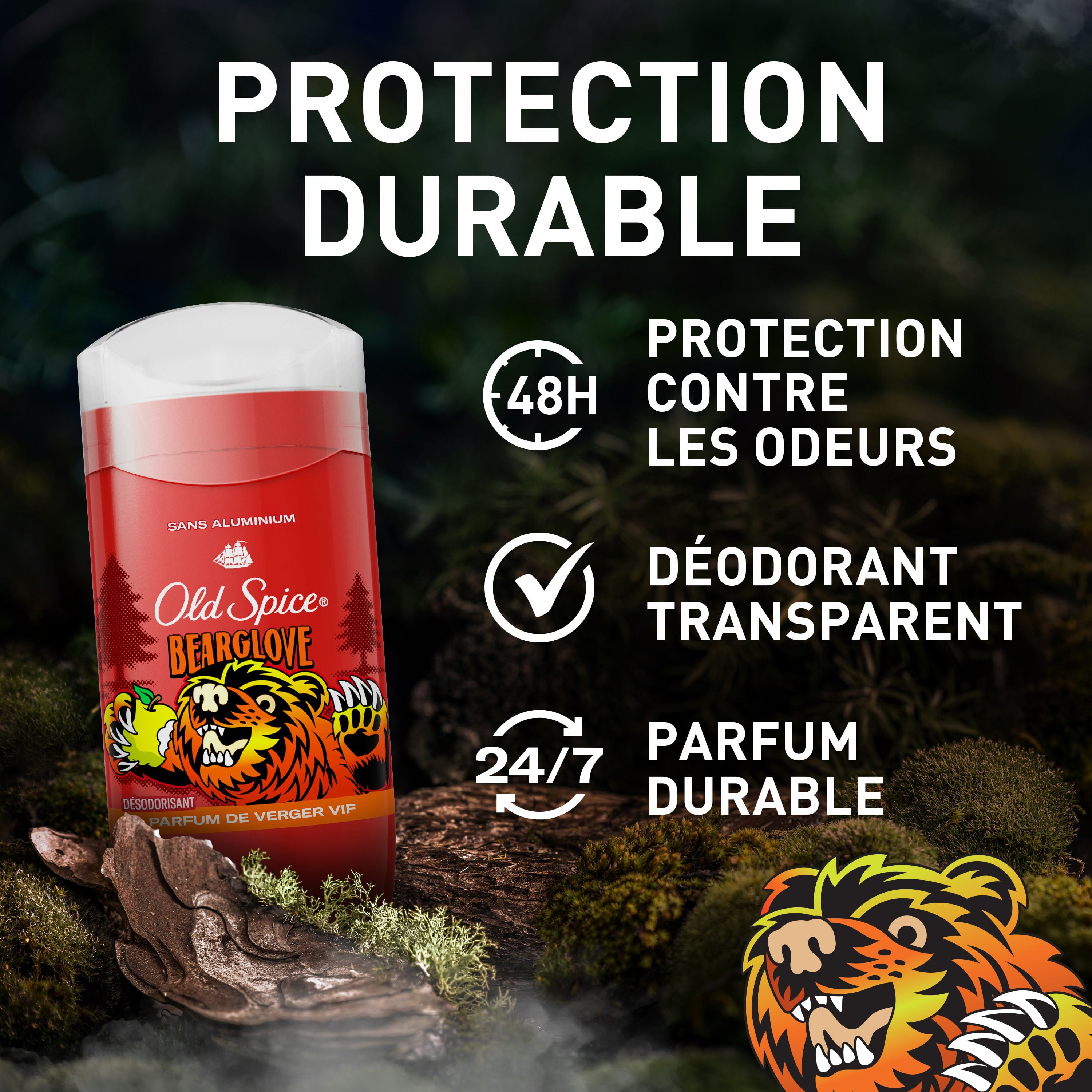 Désodorisant sans aluminium Old Spice pour hommes, fraîcheur 24 heures sur 24, 7 jours sur 7, protection longue durée contre les odeurs, parfum légendaire, Bearglove, parfum de ver