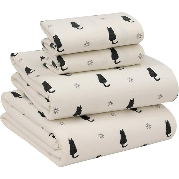 RUVANTI Flannel Sheets King Size - 100% Cotton Brushed King Size Sheets Set - Deep Pockets 16 Inches Bed Sheets - All Seasons Breathable & Extra Soft - Warm & Cozy, 4 Piece, Black Cat