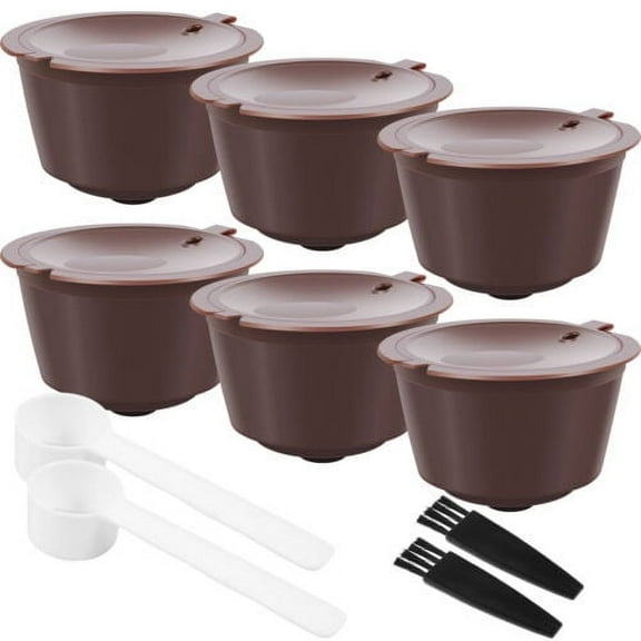 Ikoopy 6pcs Refillable Coffee Capsules Food Grade PP Reusable Coffee Pods Coffee Filter Cups with 2 Spoon and 2 Brush Multipurpose Coffee Capsule Kit for Some Coffee Machines Home Office 5.4x3.5cm