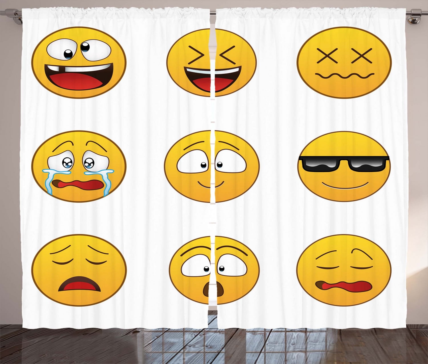 Emoji Curtains 2 Panels Set, Happy Smiley Angry Furious Sad Face
