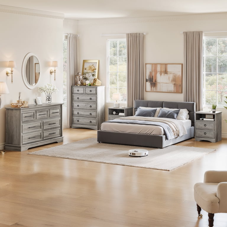 grey nightstands and dresser The Kordasky Dark Gray 6 Pc. Dresser, Mirror, King Sleigh Bed, 2 Nightstands available at Wier Furniture serving Lewistown, MT and surrounding areas