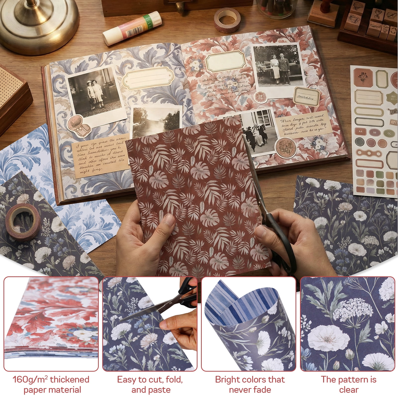 Scrapbook Paper,24 Sheets 12×12 Inch Vintage Stripe Style Scrapbook Supplies,Single-Sided Vivid Origami Decoupage Paper for DIY Crafts, Card Making, Art Journaling(D Style)