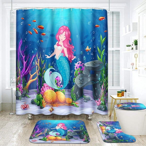 Mermaid Bathroom Set with Shower Curtain and Rugs Accessories, Kids Sea Girl Princess Beauty Shower Curtain for Bathroom Ocean Underwater World Bathroom Decor 4 Pcs