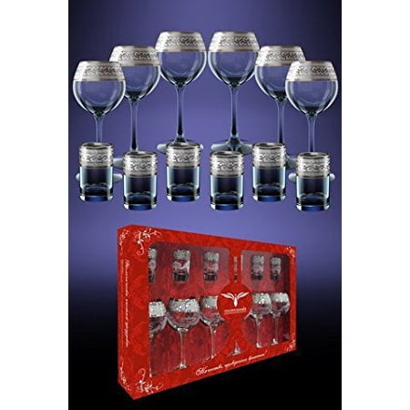 Crystal Head Vodka (Crystal Goose GX-08-1689/837, 6 pc. 7.1 oz Classic Long Stem Wine Glasses and 6 pc. 2 oz. Shot Vodka Glasses with Platinum-Plated Rim, Glassware Set with Patterns and Gilding, Gift)