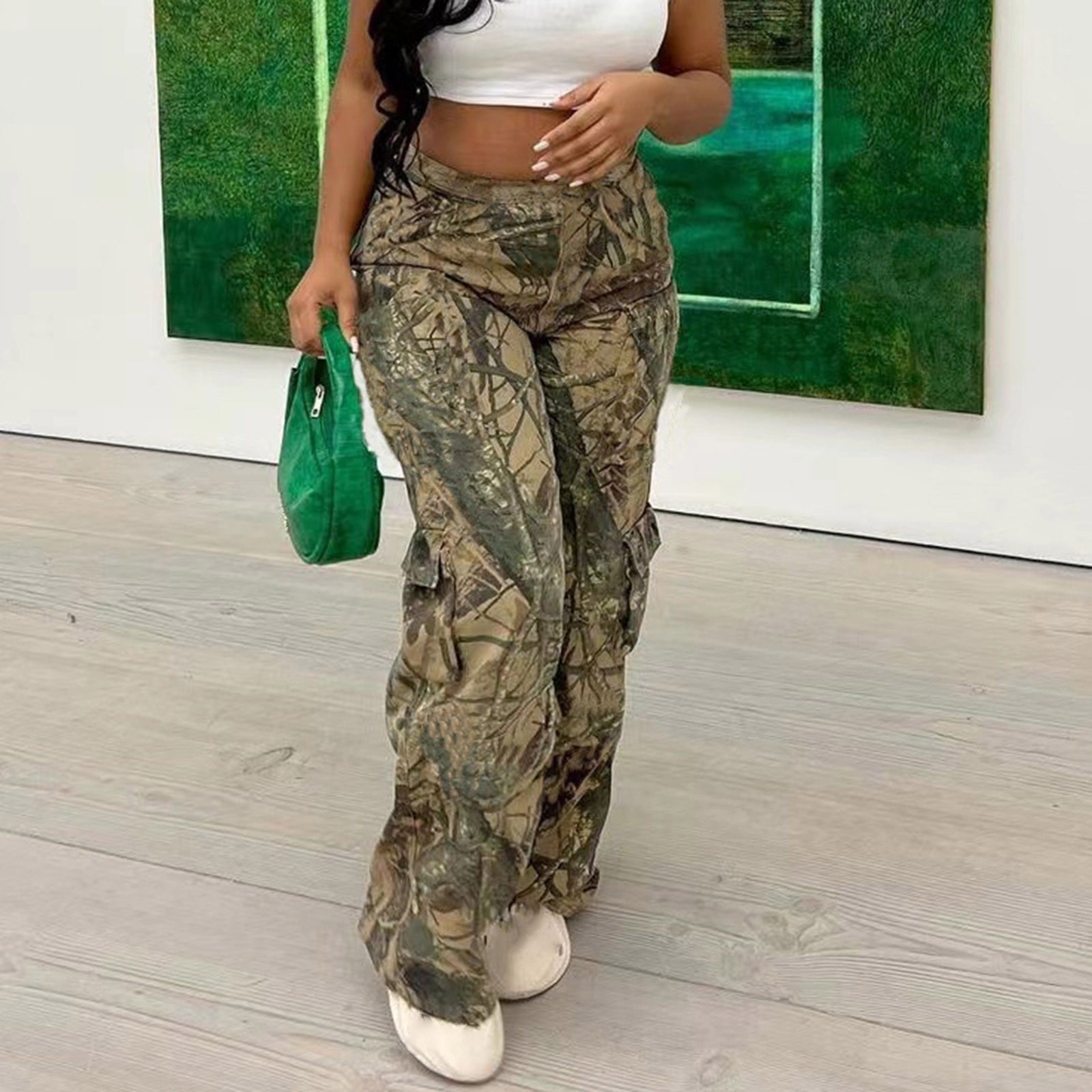 Honeeladyy Women Camo Pants Mid Waist Straight Leg Baggy